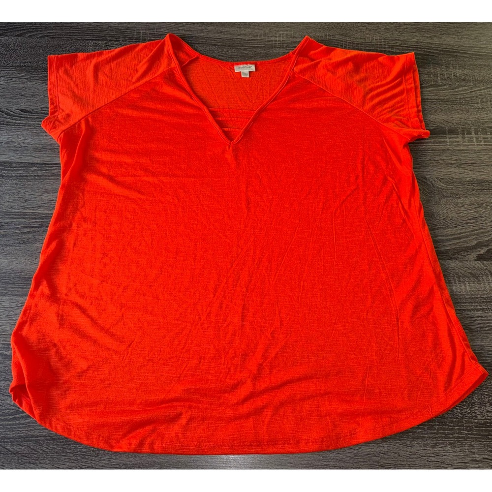 Avenue Womens Plus Size 22/24 Orangeish Red Slub Knit V-Neck Top Short Sleeve